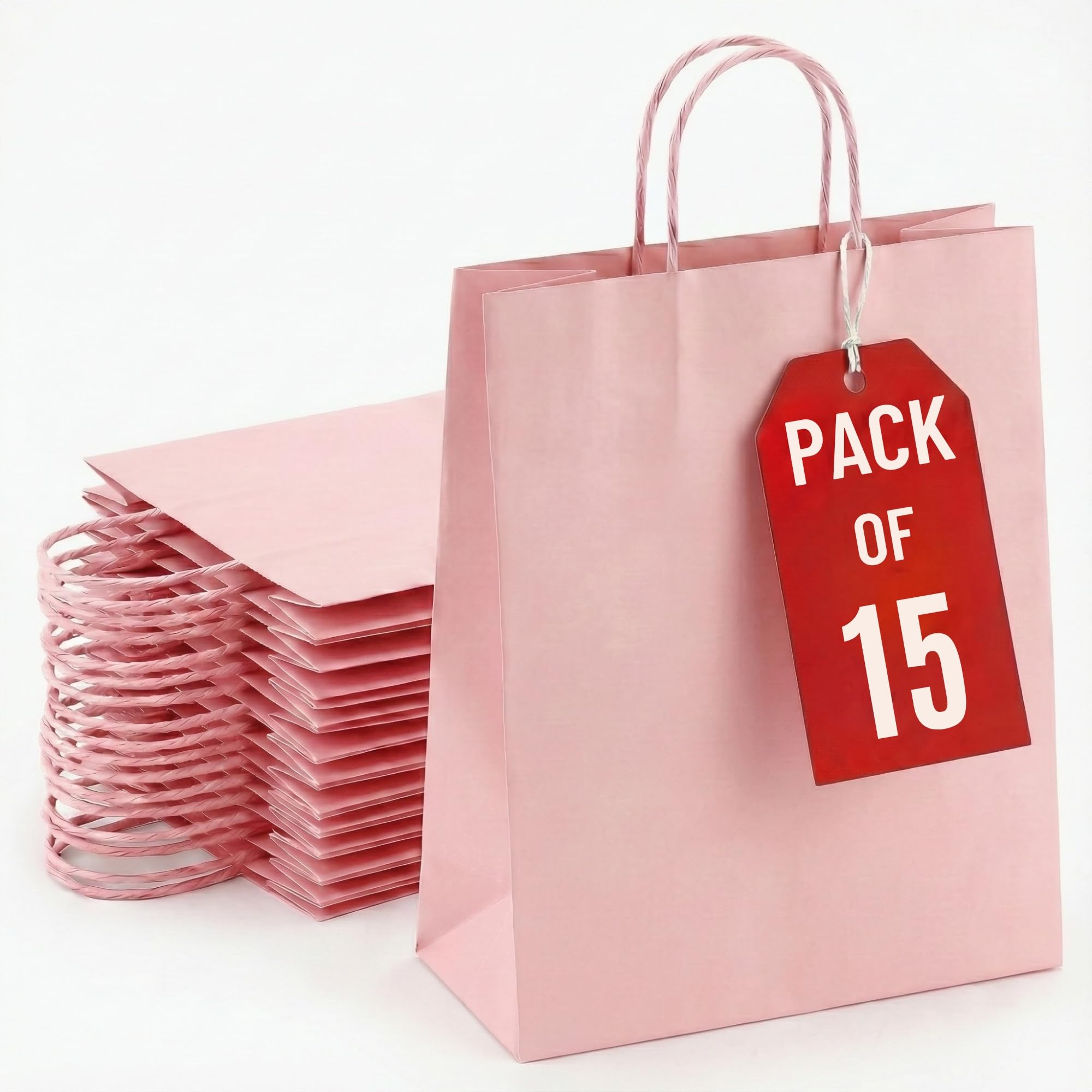 XSMALL 15 Pcs Pink Party Bags – No Wrinkles Gift Bag with Handles | Flat-Bottom Paper Party Bags for Kids Party, Weddings, Birthdays, Baby Showers – No Fold Packaging (24×18×8 cm)