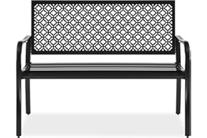 Best Choice Products Outdoor Bench 2-Person Metal Steel Benches Furniture for Garden, Patio, Porch, Entryway w/Geometric Backrest, 790lb Capacity – Black
