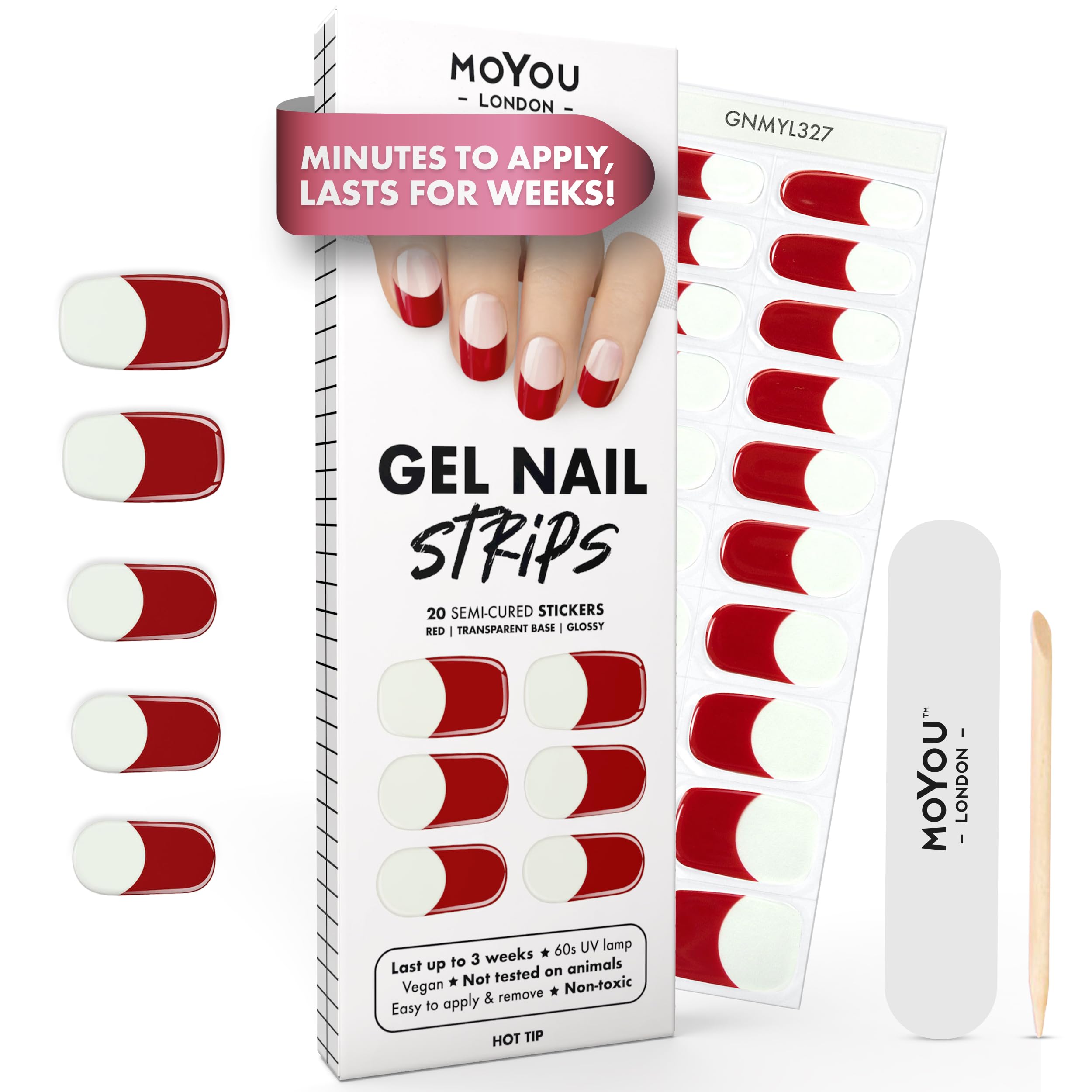 MOYOU LONDON Semi Cured Gel Nail Strips - 20 Pcs. Waterproof Gel Nail Wraps, Cures in Sunlight or UV/LED Lamp, Lasts Up to 2+ Weeks, Stretchable, Easy to Apply & Remove, Vegan & Cruelty-Free