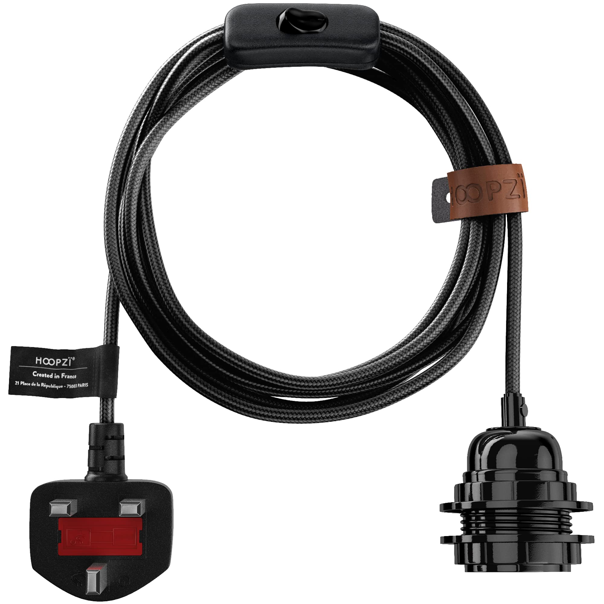 Hoopzi - Plug in Pendant Light to Light Up Your Home - 4.5M Fabric Electrical Cable - E27 Bulb Holder with Switch - Create Your Own Pendant Light, Portable Lamp, Hanging Lamp - BalaCarbon Black
