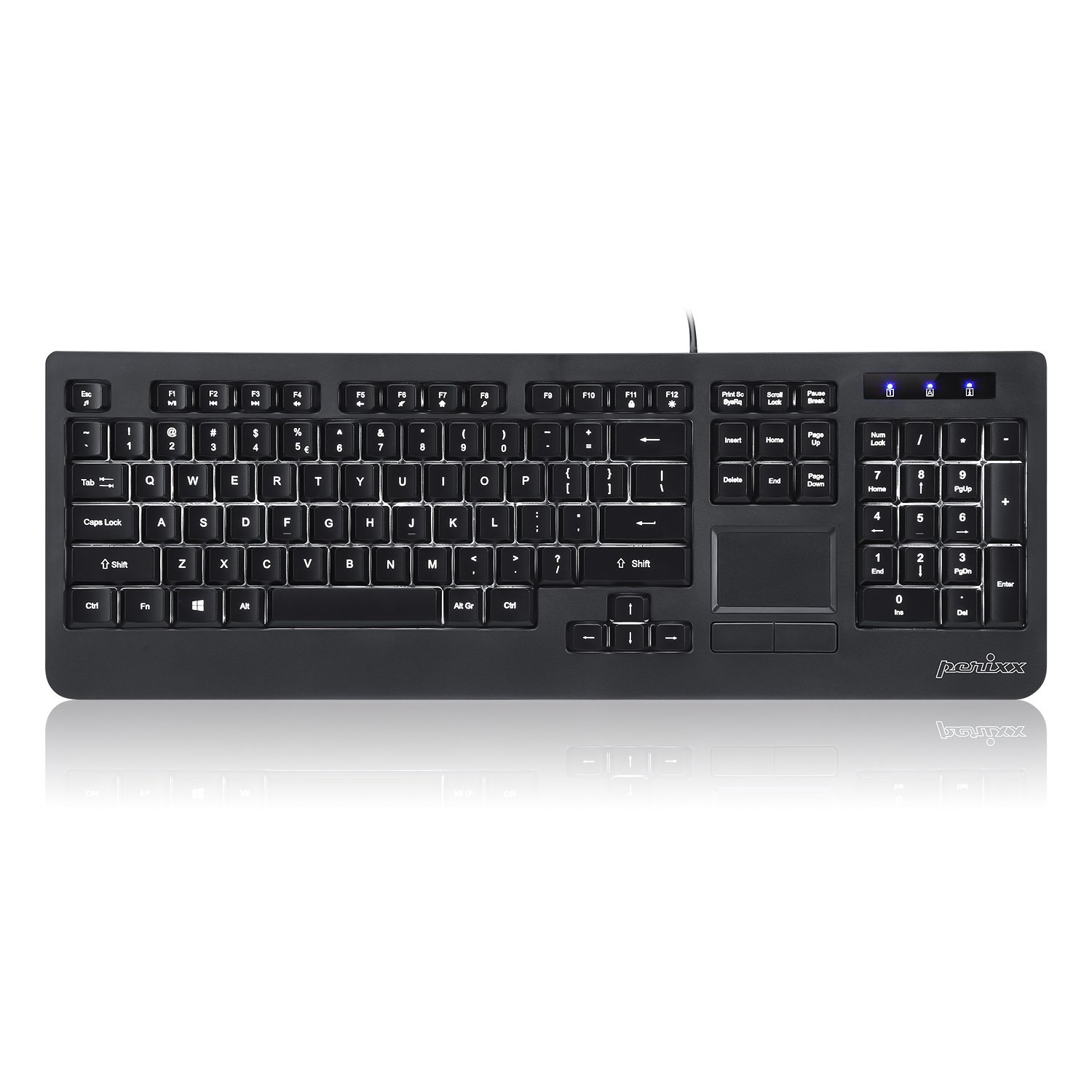 Perixx PERIBOARD-313 Illuminated Keyboard with Touchpad - Standard Full Size Layout - US English Layout