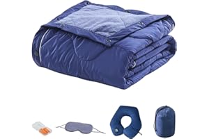 Commollis Travel Blanket Luxury Travel Set -Travel Blanket and Pillow Set - Portable Inflatable Travel Neck Pillow and Premium Soft Airplane Blanket with Built-in Soft Bag,Eye Mask, Earplugs