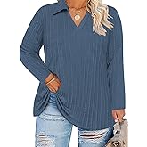 VISLILY Womens-Plus-Size-Tops-2025 Polo V Neck Shirts Lapel Collared Work Blouses Casual Long Sleeve Knit Tunics XL-5XL