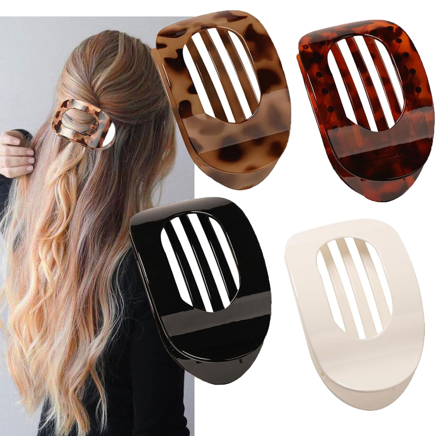 4 PCS Flat Hair Clips for Women, Curved Design, Strong Hold for Thin Thick Hair, Hair Accessories for Women and Girls (Leopard)