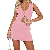 AIHUKOCY Women Sexy Knit Two Pieces Mini Skirts Set Sleeeveless V Neck Self Tie Slit Front Crop Vest Top Short Skirts Sets