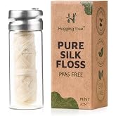 Silk Dental Floss with Refillable Glass Dispenser, PFAS Free, 33 Yards | Hugging Tree. Mulberry silk with candelilla wax and organic peppermint. Refill it, never rebuy the jar.