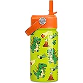 Dinosaur Water Bottle - Water Bottle with Straw Lid for Kids - 12 Oz Insulated Stainless Steel T-Rex Bottles for Kid Boys - Travel Cup for School Sports