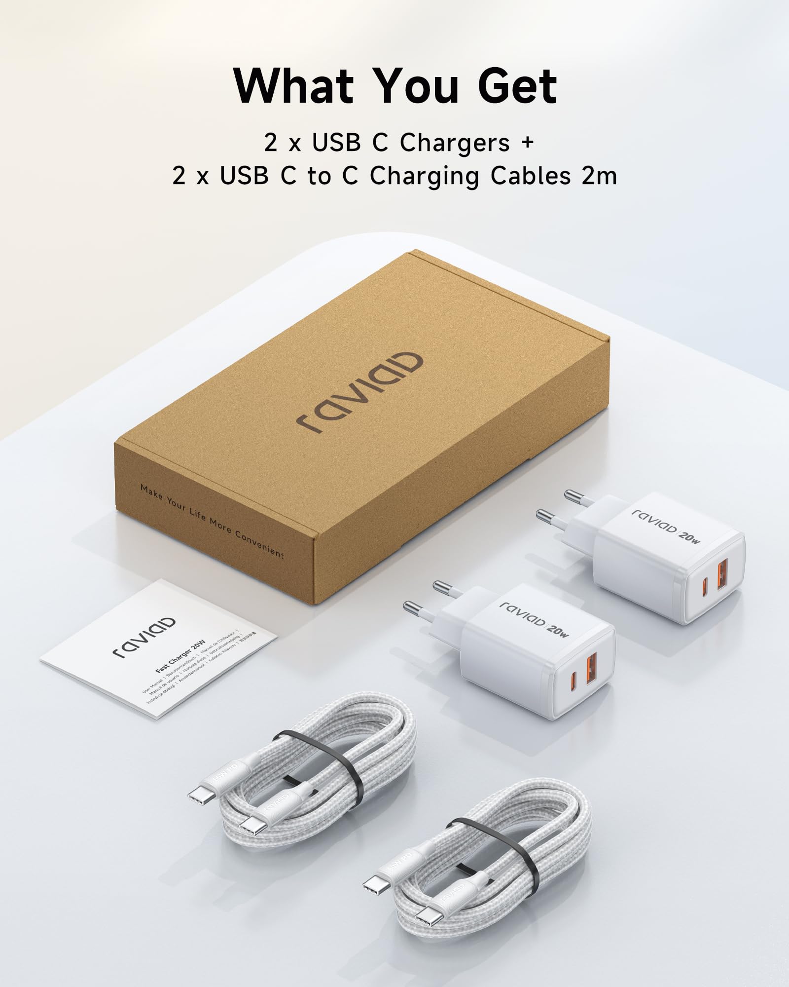 RAVIAD USB C Ladegerät 2-Pack 20W, [USBC + USBA] Schnellladegerät mit USB C Kabel 2M, Handy Netzteil Typ C mit 2-Port, Kompatibel mit iPhone 17 16 16e 15 Pro Max, iPhone Air, Pad Pro, Galaxy S25 S24 6
