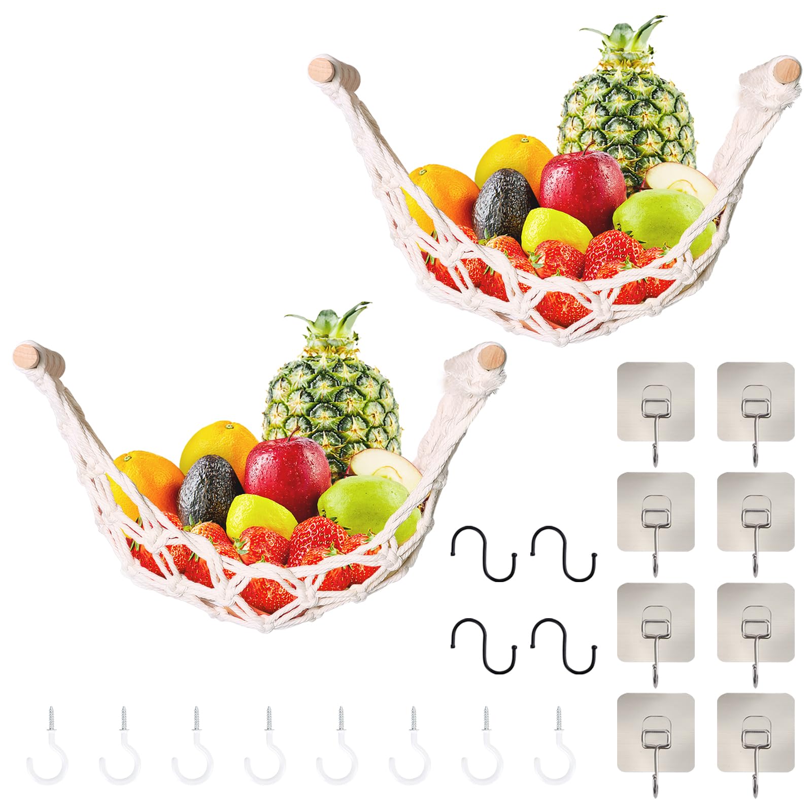 Photo 1 of 2 Pcs Fruit Basket Hammock Under Cabinet Adhesive, Woven Vegetable Hanging Basket, Fruit Storage for Kitchen with Banana Hooks, Mesh Fruit Holder Organization for Home Dining Room Decor (2Pcs)