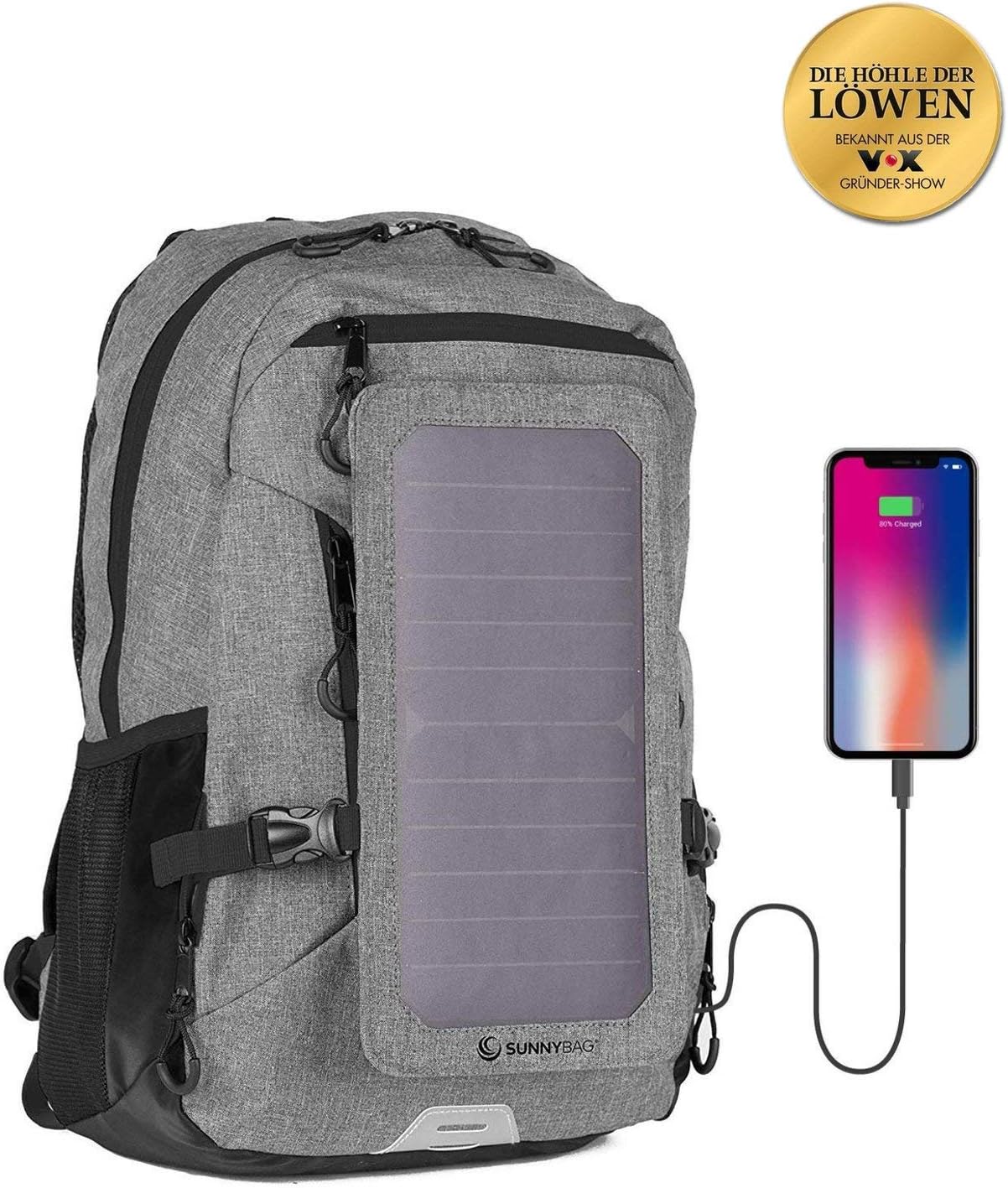 Amazon Com Sunnybag Explorer Solar Backpack Charger World S Strongest Water Resistant Solar Panel For Smartphones And All Usb Devices On The Go 15l Volume And 15 Laptop Compartment Gray Black Computers