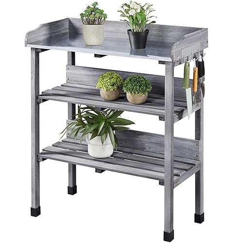 Yaheetech Garden Potting Table Horticulture Potting Bench w/Storage Shelf  W/Metal Tabletop w/Hook Shelves Workstation Work Benches Station, Gray in 