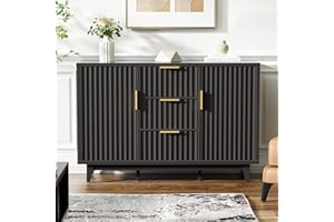 FIVEWILLOWISE 47.2" W Storage Cabinet with 3 Drawers, Fluted Buffet Cabinet with Storage, Large Sideboard with 2 Door, Modern Mid Century TV Stand Coffee Bar Cabinets for Living Room, Kitchen, Entryway