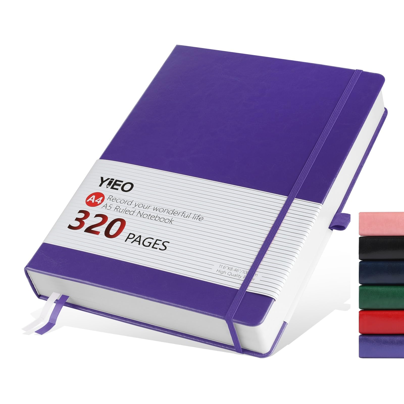 Notebook A4, Thick A4 Notebook Hardback Journal Notebook 320 Pages 100GSM A4 Lined Note Book, Extra Large Hardcover Notepad with Inner Pocket, Pen Loop, and 2 Ribbon Page Marker, 21.5 x 27.9cm-Purple
