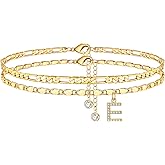 Ursteel Ankle Bracelets for Women, 14K-Gold-Plated Dainty Layered Chain CZ Initial Anklets Set Summer Jewelry Gifts for Women