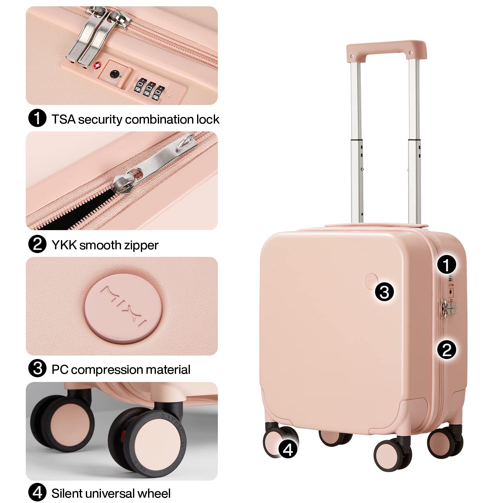 Hanke 14 Inch Underseat Luggage Personal Item Carry on Suitcase, Mixi Spinner Wheels Pink Hardshell Lightweight Rolling Suitcases PC with Cover & TSA Lock for Short Travel