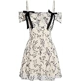 Verdusa Women's Fairycore Floral Print Off The Shoulder Mesh Mini Dress Bow Backless Holiday Cami Dress
