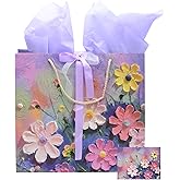 YYaaloa 13.8" Large Birthday Gift Bag Set Purple with Greeting Card and 2 Tissue Paper Present Bags for Christmas Women's Birthday, Girls Party, Mother's Day, Wedding (Purple Flower)
