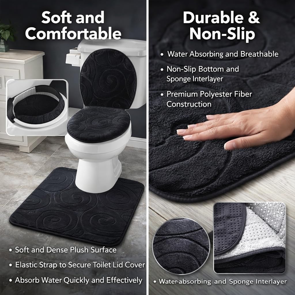 Garosa Bath Rug Set 3 Piece Non Slip Bath Mat Bathroom Floor Mats with Toilet Lid Cover Absorbent Grey Carpet for Bathtub Side