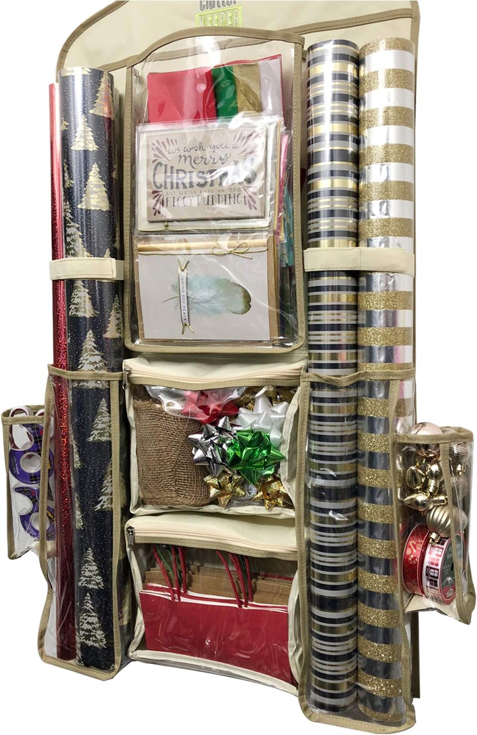 Clutter Keeper Deluxe Double Sided Hanging Gift Wrap Organizer with Multiple Pockets to Organize Your Christmas Wrap, Gift Bags, Bows, Tape, Scissors and More: Home & Kitchen