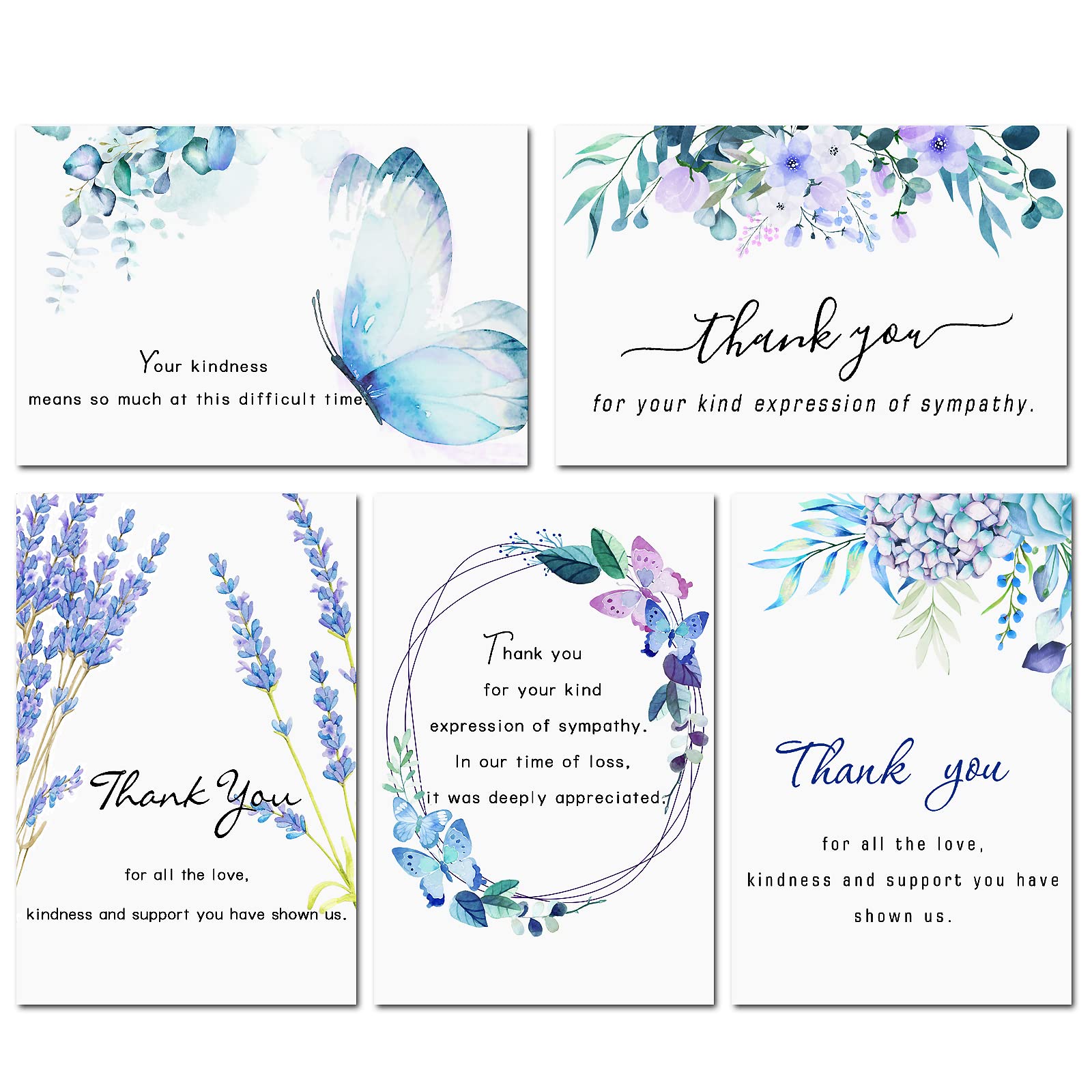 Photo 1 of Hunanyume 50 Pack Funeral Thank You Cards with Envelopes, Stickers & Message Inside, 4×6 in Watercolor Flowers Butterflies Bereavement Sympathy Thank You Cards for Funeral Family Friends Loved Ones