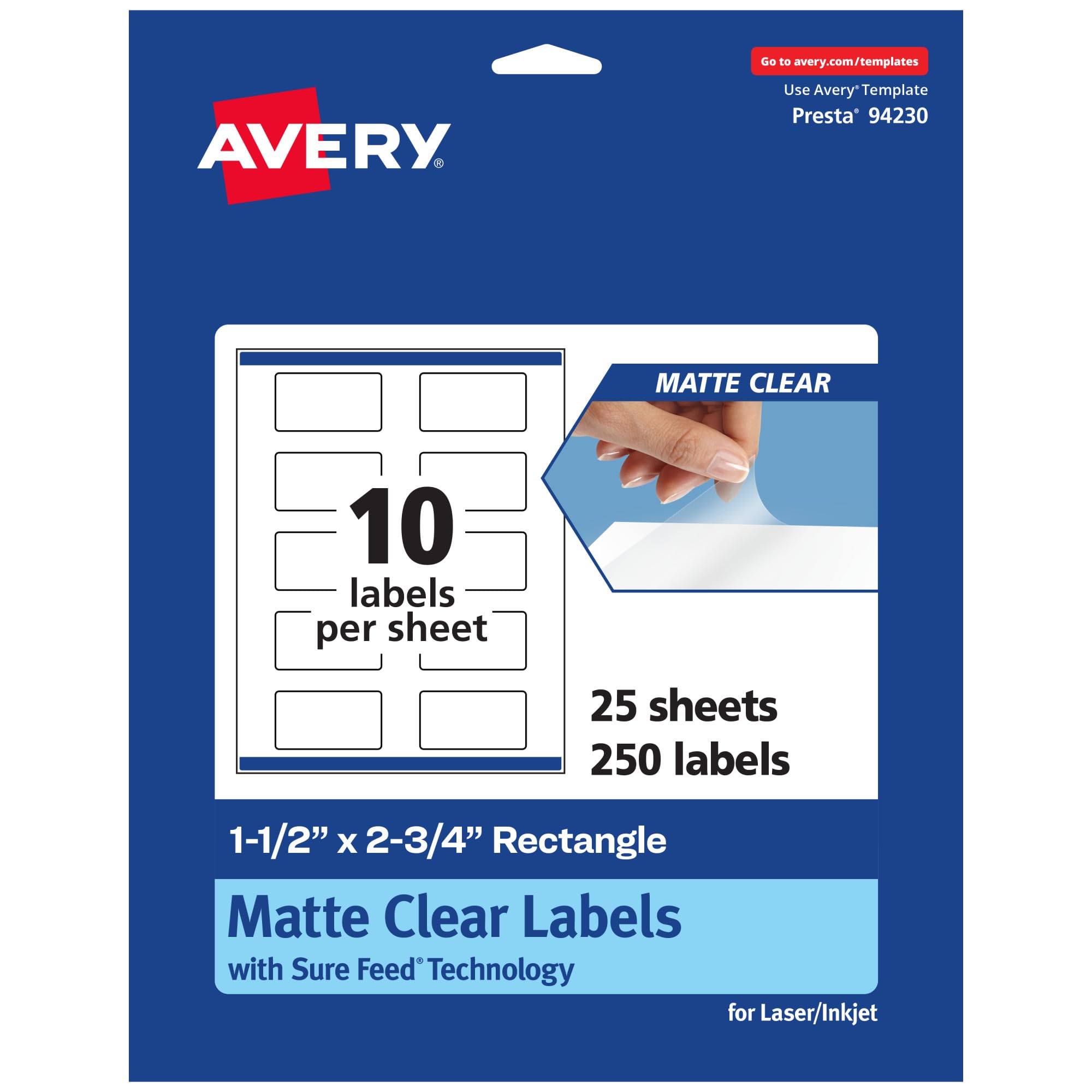 Avery Matte Clear Rectangle Labels, Sure Feed Technology, 1.5″ x 2.75″, 250 Matte Clear Labels, Print-to-The-Edge, Laser/Inkjet Printable