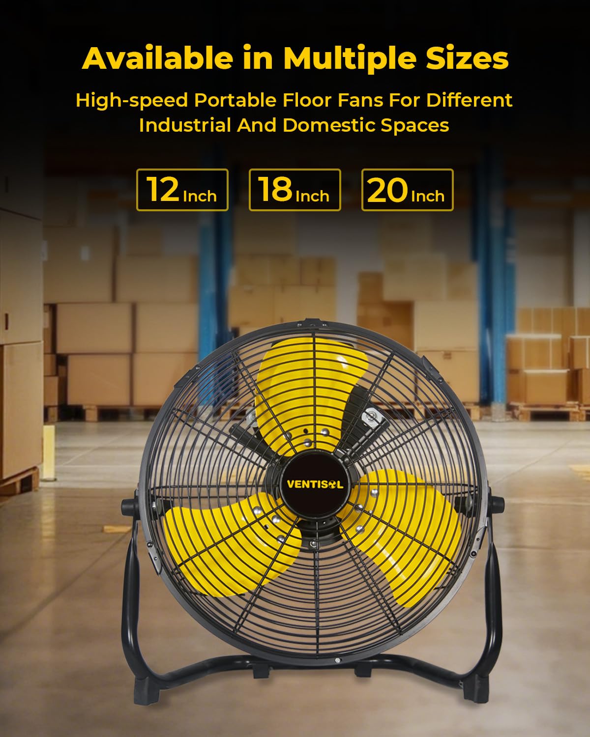 VENTISOL 12 Inch Portable Floor Fan, 3 Speed Metal Industrial Shop Fans with 180° Tilt, 1700 CFM High Velocity Heavy Duty Fan, for Bedroom, Garage, Workshop