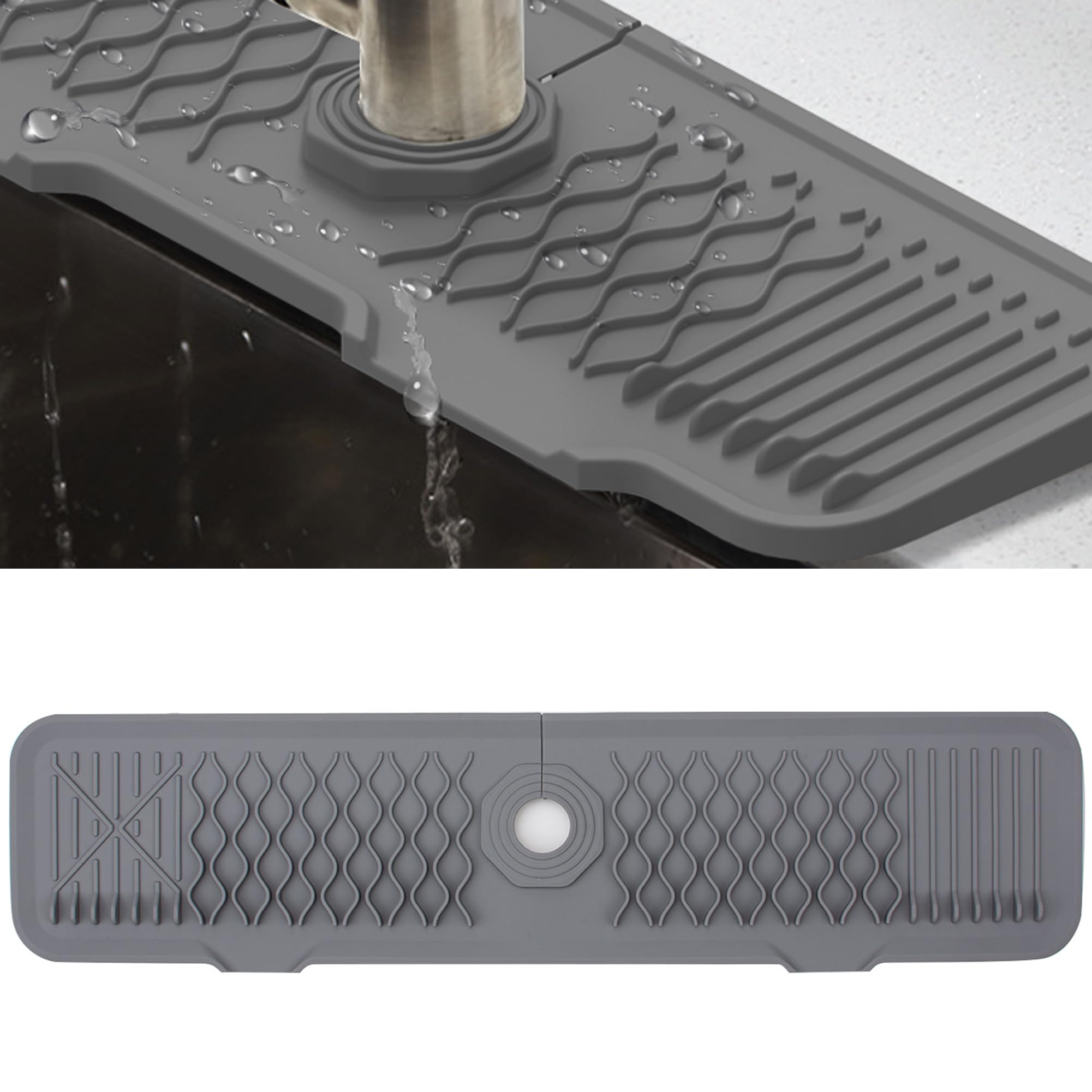 Veki Silicone Faucet Mat for Draining, Kitchen Tap Sink Splash Guard, Foldable Tap Drip Draining Holder, Faucet Handle Drip Catcher Tray for Kitchen and Bathroom Countertop Protect (61 cm, Grey)