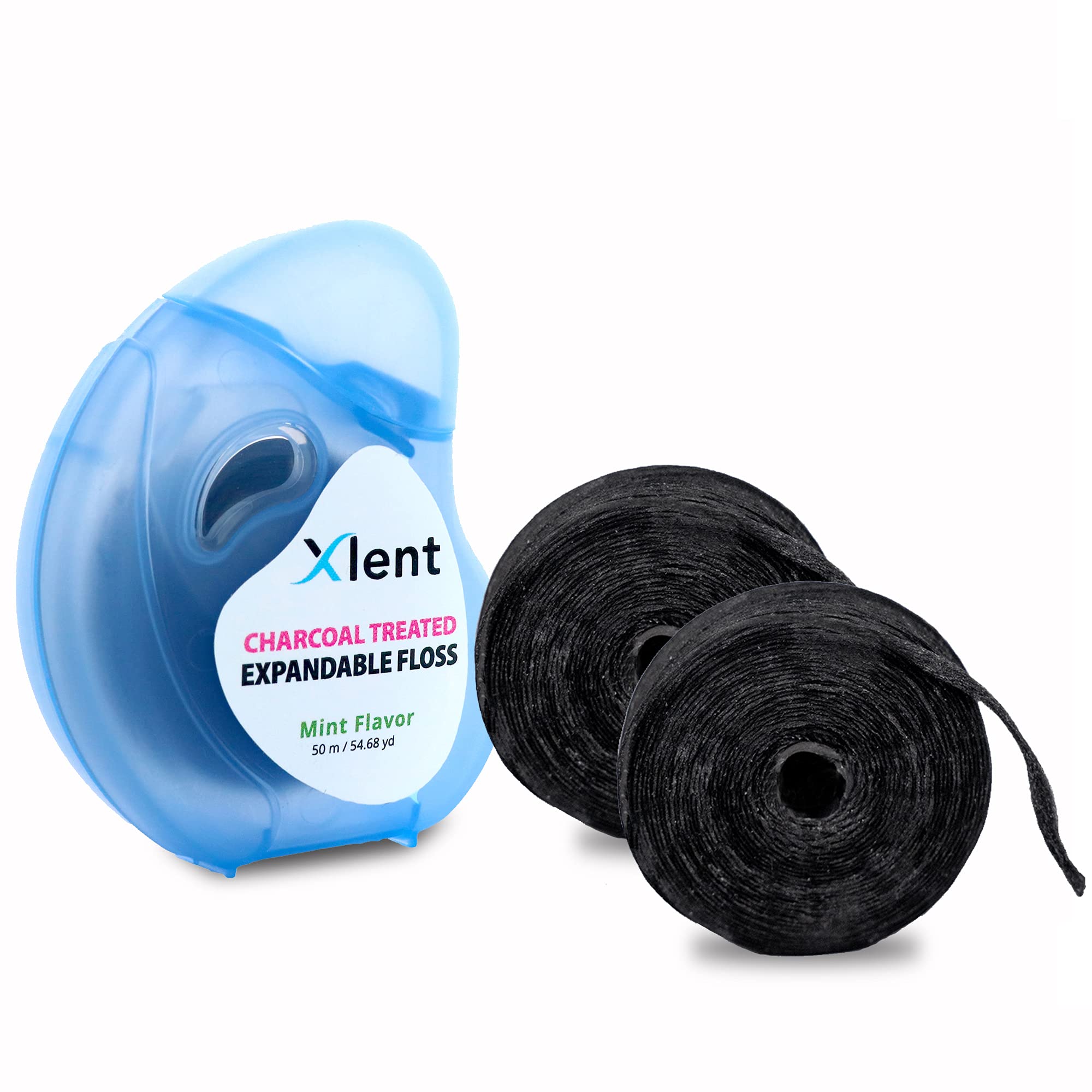 Photo 1 of Xlent Expandable Floss Treated Activated Charcoal, Xylitol Natural Based Wax Fresh Mint Flavor | 3 Count (1 50 m Floss Blue Container Plus 2 50 m Refill Bobbins), 3 Count (1 Blister Card+2 Refill)