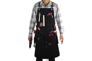 Stenffy Woodworking Apron, Tool Apron, Canvas, Multiple Pockets, Adjustable Zipper, Metal Ring, Tape Measure Clip, Plus Size, Black.