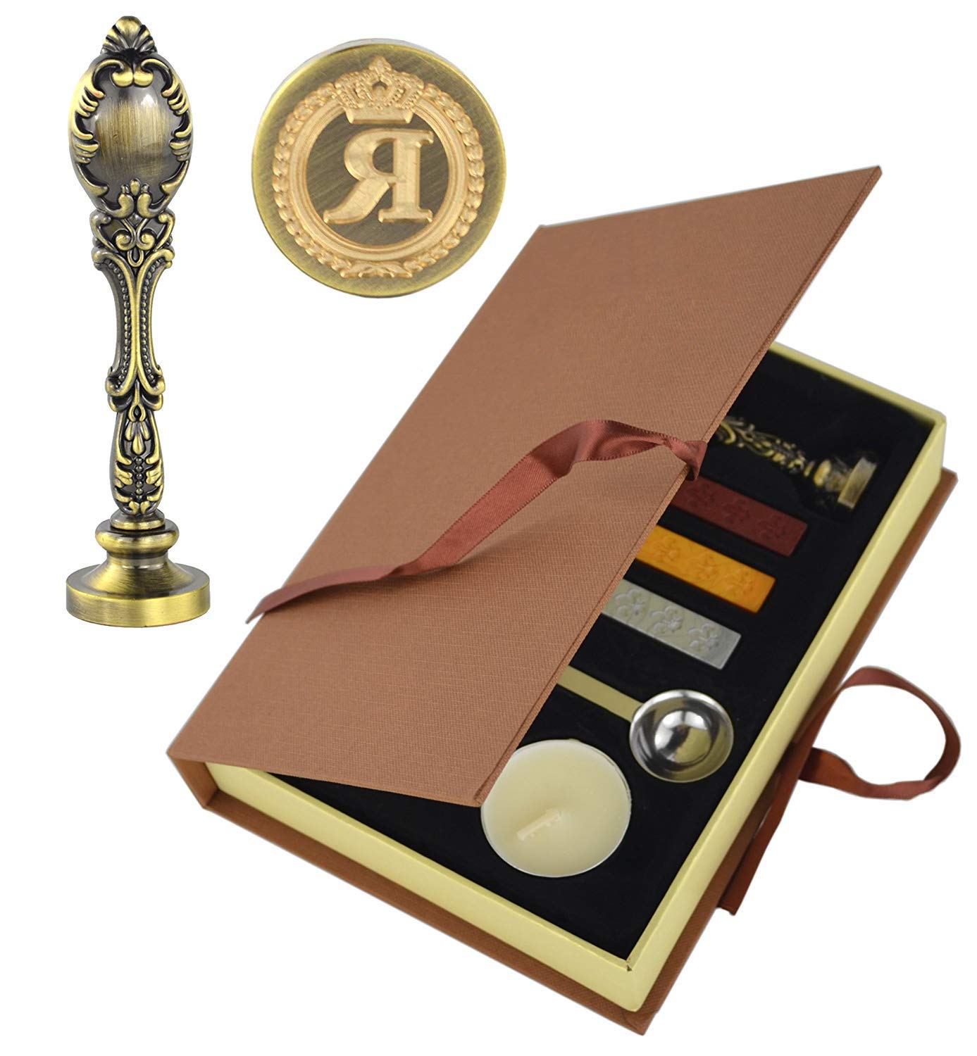 Hexint Vintage Initials Letter Wax Seal Stamp Kit，Retro Classical Sealing Wax Stamp with Metal Handle Gift Box Set Bronze Color(Letter R)
