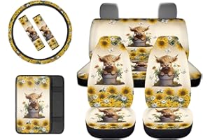 Gomyblomy Highland Cow Butterfly Car Seat Covers Full Set for Women Sunflower Daisy Flower Car Interior Accessories, Set of 8 Pack Steering Wheel Cover,Seat Belt Pads,Armrest Cover