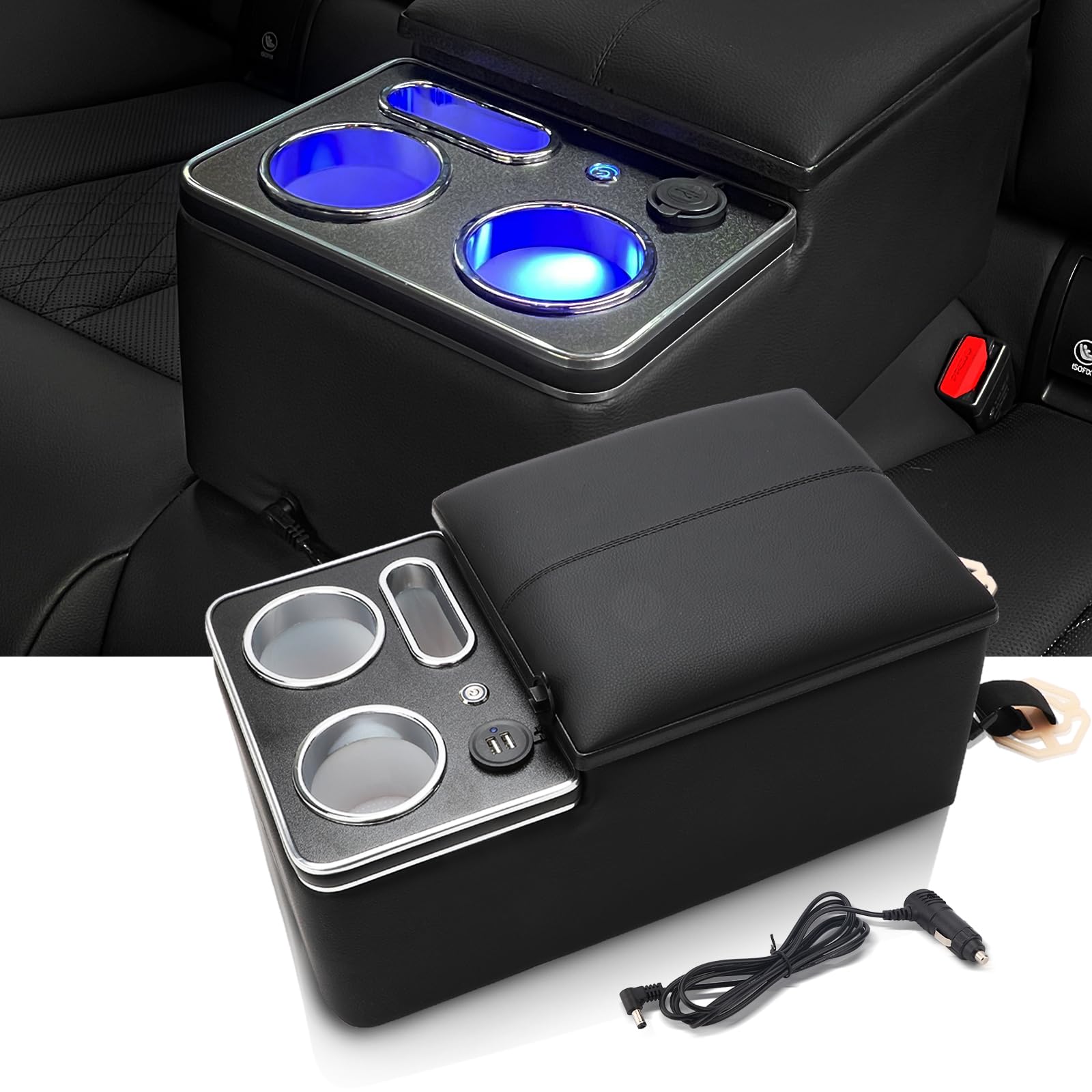 Photo 1 of Upgrade Center Console Organizer with Cup Holder& Phone Holder for Car & Van & Truck Floor Cab Back Bench Seat Armrest Middle Storage Box - Black