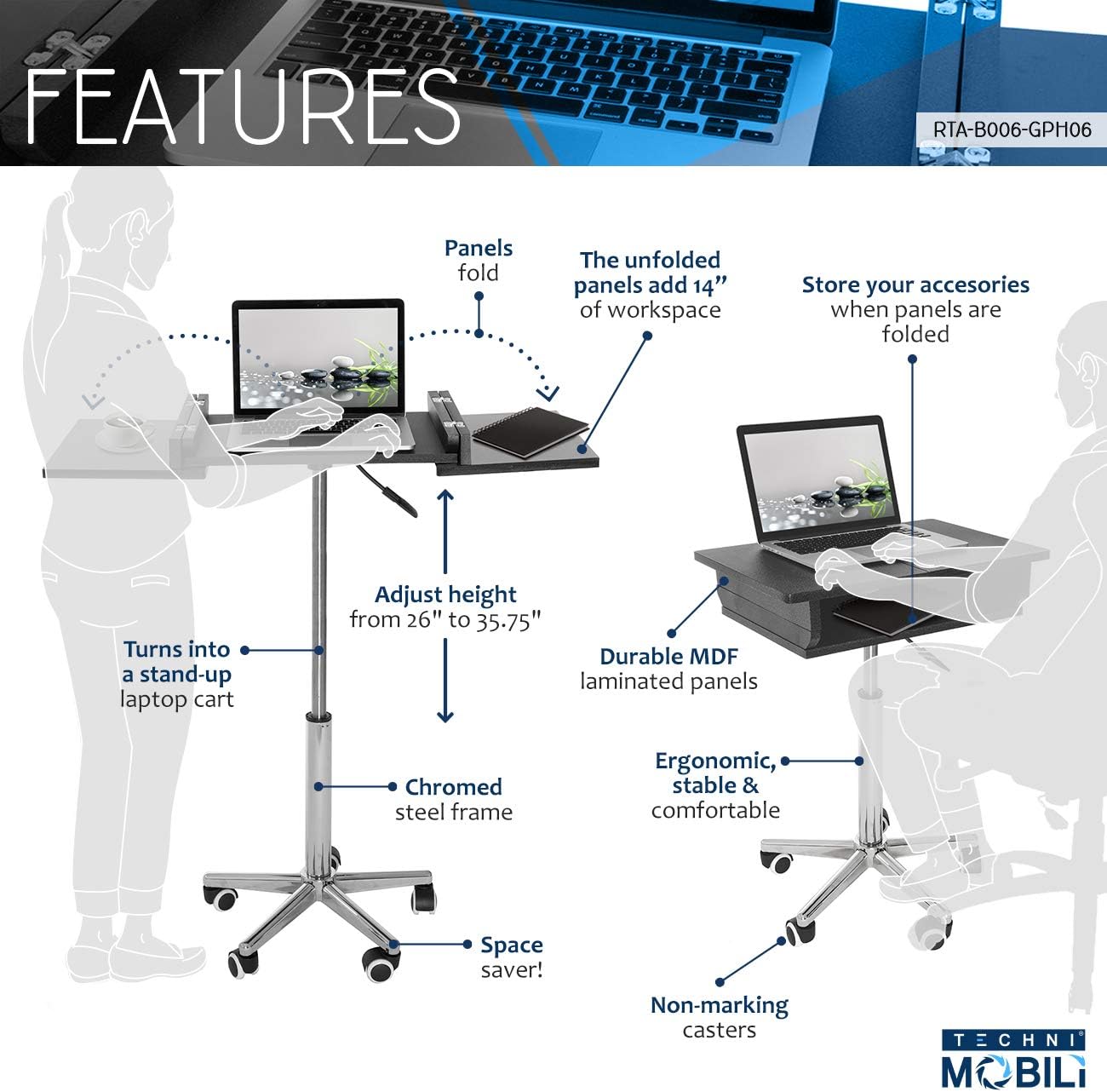 Techni Mobili SIB006-GPH06, Foldable Table Laptop Cart: Furniture & Decor