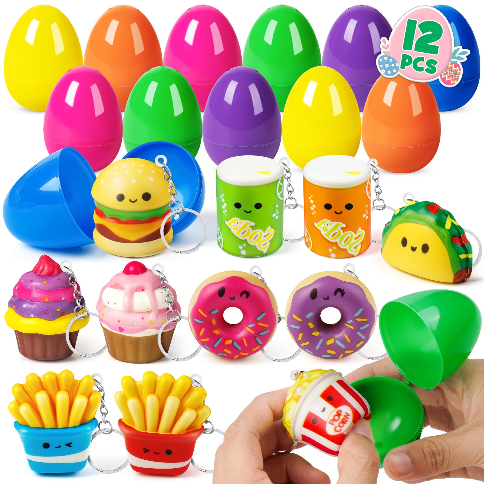 IJIGU 12 Pack Prefilled Easter Eggs with Food Squishy Toys Keychains, Easter Eggs Filled for for Easter Egg Hunt, Basket Stuffers Filler and Classroom Prize Supplies, Party Favors