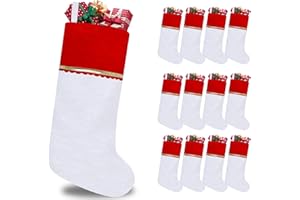 Subyan 12 Pack Felt Christmas Stockings, 19 Inches White and Red Christmas Stocking Hanging Ornaments with Gold Trim for Family Christmas Holiday Decorations DIY Craft Large Xmas Stocking