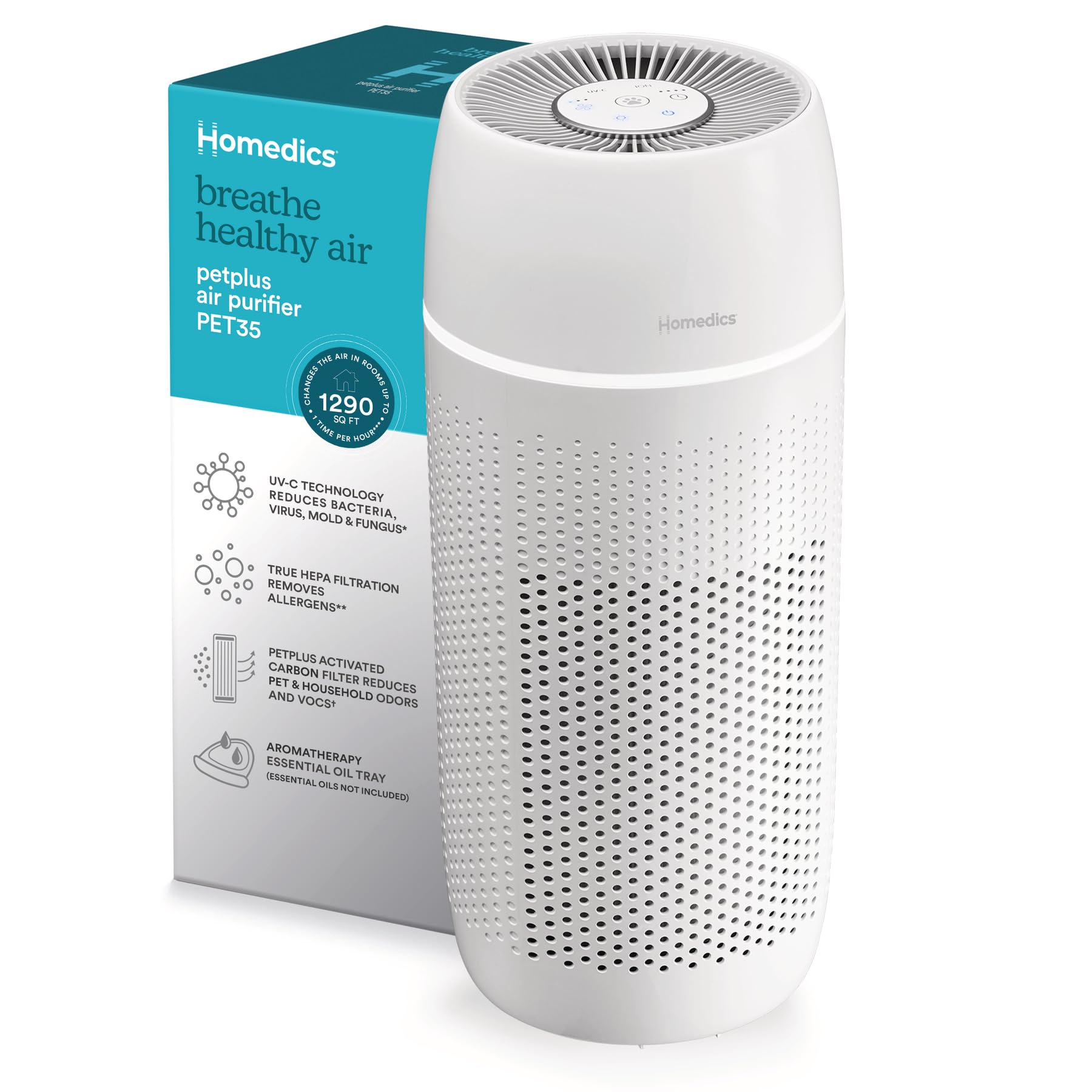 Homedics 5-in-1 PetPlus UV-C Air Purifier – 360-Degree HEPA Filter for 266 Sq Ft, Air Purifiers for Pets, Bedroom, and Home with Essential Oil Pads and Built-In Timer, 3 Speed Settings, White