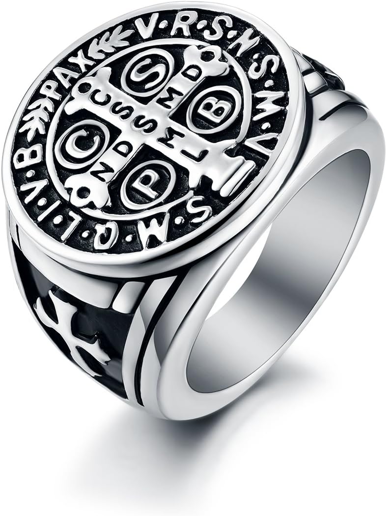 Men's St Benedict Ring Stainless Steel Solid Heavy Rings Catholic Roman Cross Protection Christmas