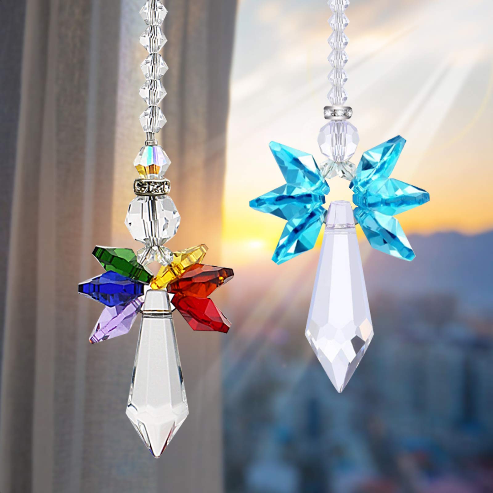 MOSNOW Rainbow Angel Crystal Suncatcher,2 Pcs Garden Sun Catchers Rainbow Maker,Colorful Pendant Crystal Hanging Decoration for Bedroom,Kitechen,Garden,Window,Car,Valentine's Day Presents