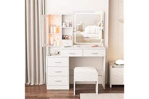 Fameill Makeup Vanity Desk with Mirror and Lights, White Vanity Table Set with Charging Station, Dressing Table with RGB Cabinet, Makeup Vanity Mirror with 5 Drawer, Hooks, Storage Shelves, Chair