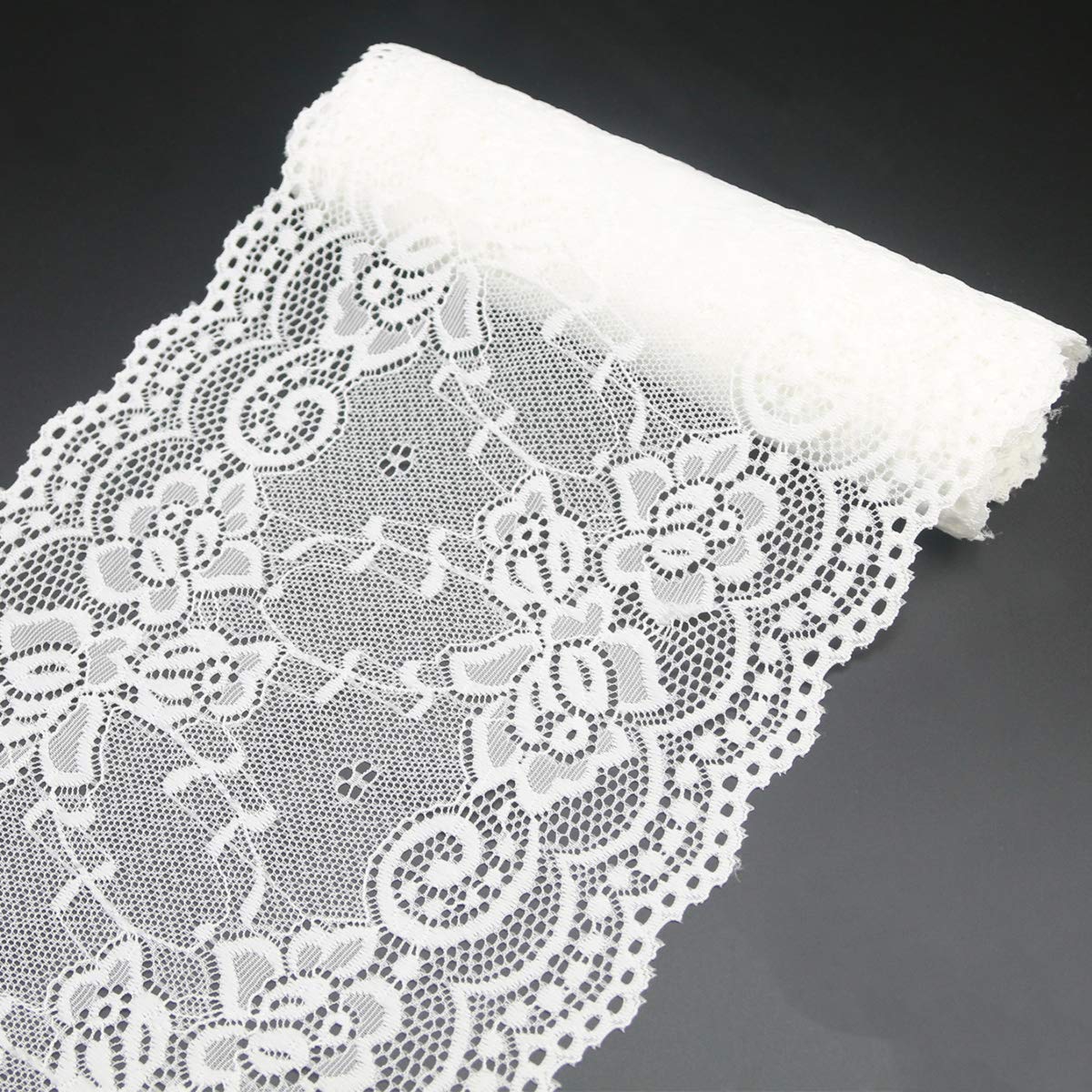 Lace Fabric Lace Ribbon,Floral Lace Trim, Elastic Lace - White & Black lace,Perfect for Crafting,Wedding,Gift Wrapping,Bow Making & Other Projects (7 Inch x 5 Yards, White)