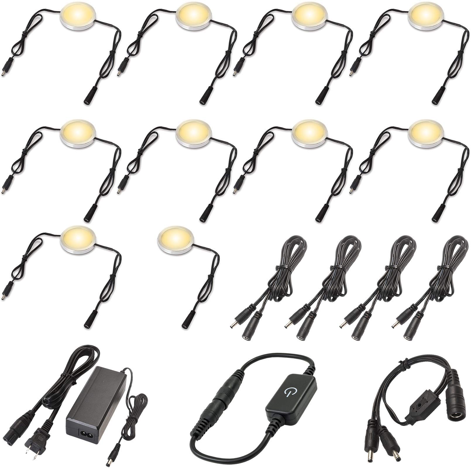 Photo 1 of Lvyinyin Under Counter Lighting, 120 Volt Plug in Cabinet Light Kit, Touch Dimmable, Daisy Chained Linkable LED Puck Lights, 2.4 in Round Puck, Dual Split, Black Cord, 10 Lights, Warm White 2700K