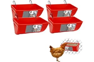 GIFANK 4 Pack Chicken Feeder Feed Trough with Clips Hanging Fence Feeders for Goat Duck Sheeple Piglets Horse Chicken Deer Goose, Pig Poultry Feed Trough Bucket Feeding Container for Livestock (Red)