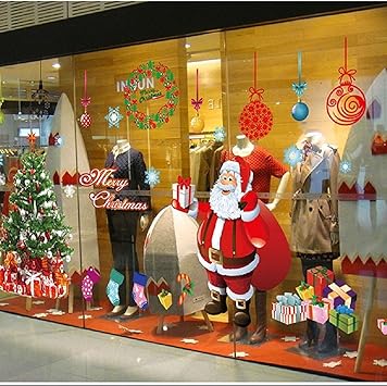 Christmas Windows Stickers Santa Claus Removable Vinyl Christmas Tree Diy Wall Window Door Mural Decal Sticker For Showcase Red