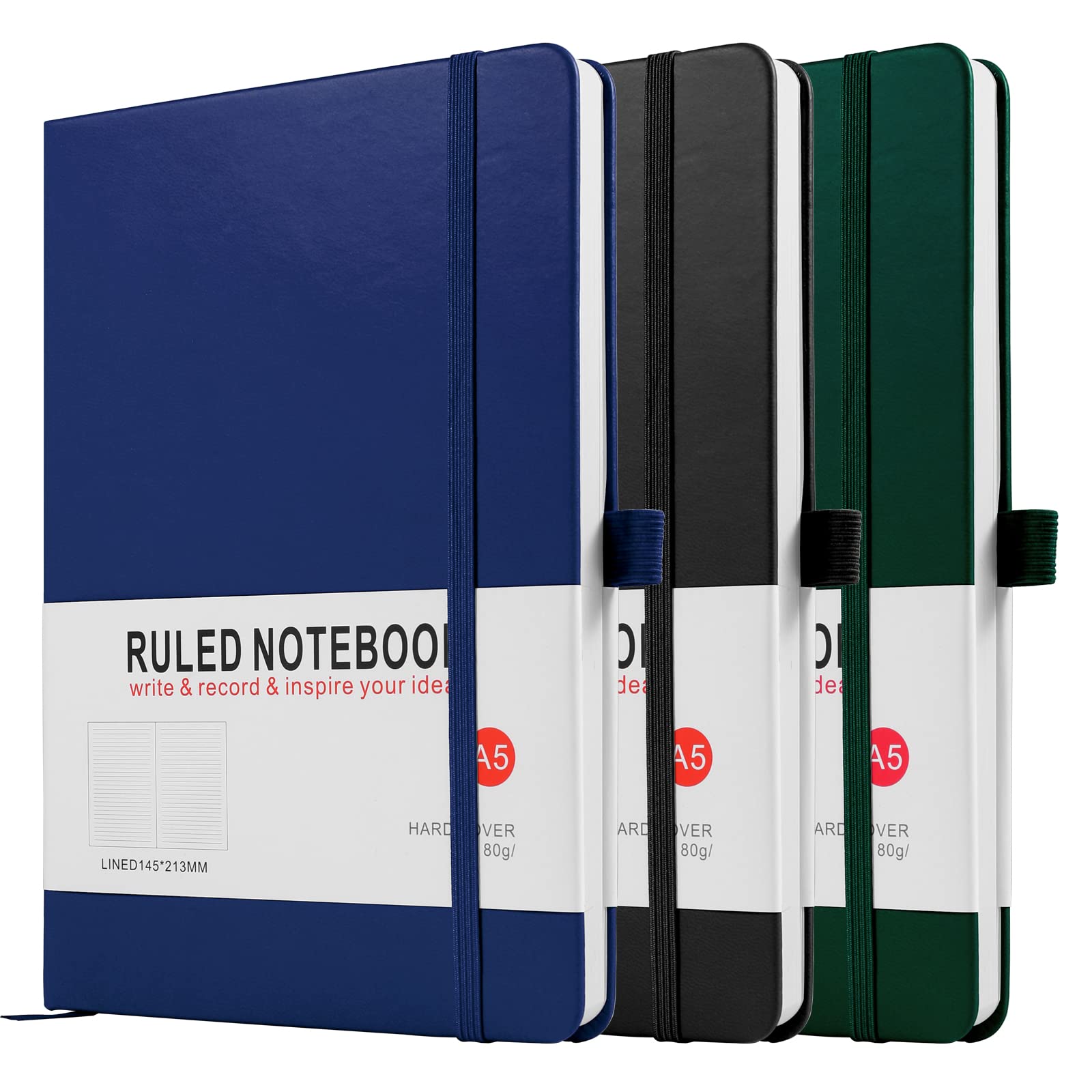 Notebook A5, 3 Pack Journal A5 Notebook 200 Pages 80 GSM Journal Notebook Hardback Notepad with Lined Pages, Pen Loop and Expandable Paper Pocket, Journal Notepad Note Book (Black, Blue, Green))