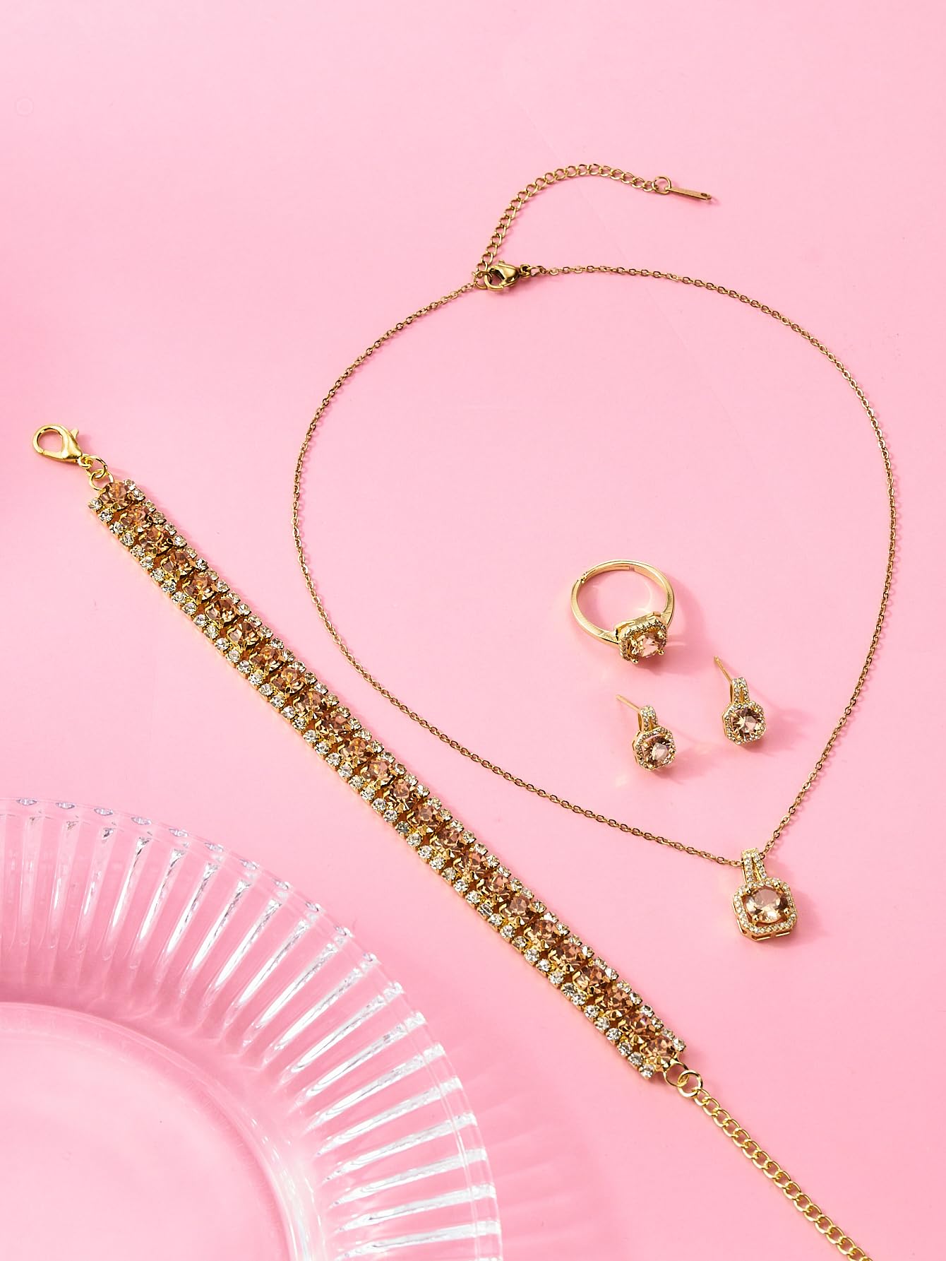 4pcs Cubic Zirconia Wedding Jewelry Sets for Bride Bridesmaid Cubic Zirconia Pendant Necklace Earrings Link Tennis Bracelet Open Ring Set for Women