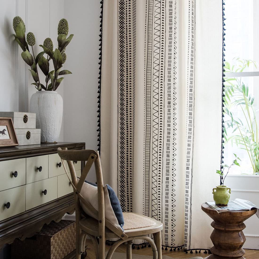 Xlabor Boho Vintage Curtains with Tassel Semi Blackout Curtains with Eyelets Cotton Linen Decorative Curtain for Living Room Bedroom Pack of 1 Motif A 150 x 160 cm