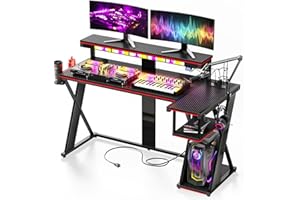 Bestier Computer Desk with Music Sync Light, Flow Vibe Corner Desk with Monitor Stand and PS5 Storage Shelves, Cup Holders, and Headset Hooks for Bedroom Small Space (Black RED, 57 Inch)
