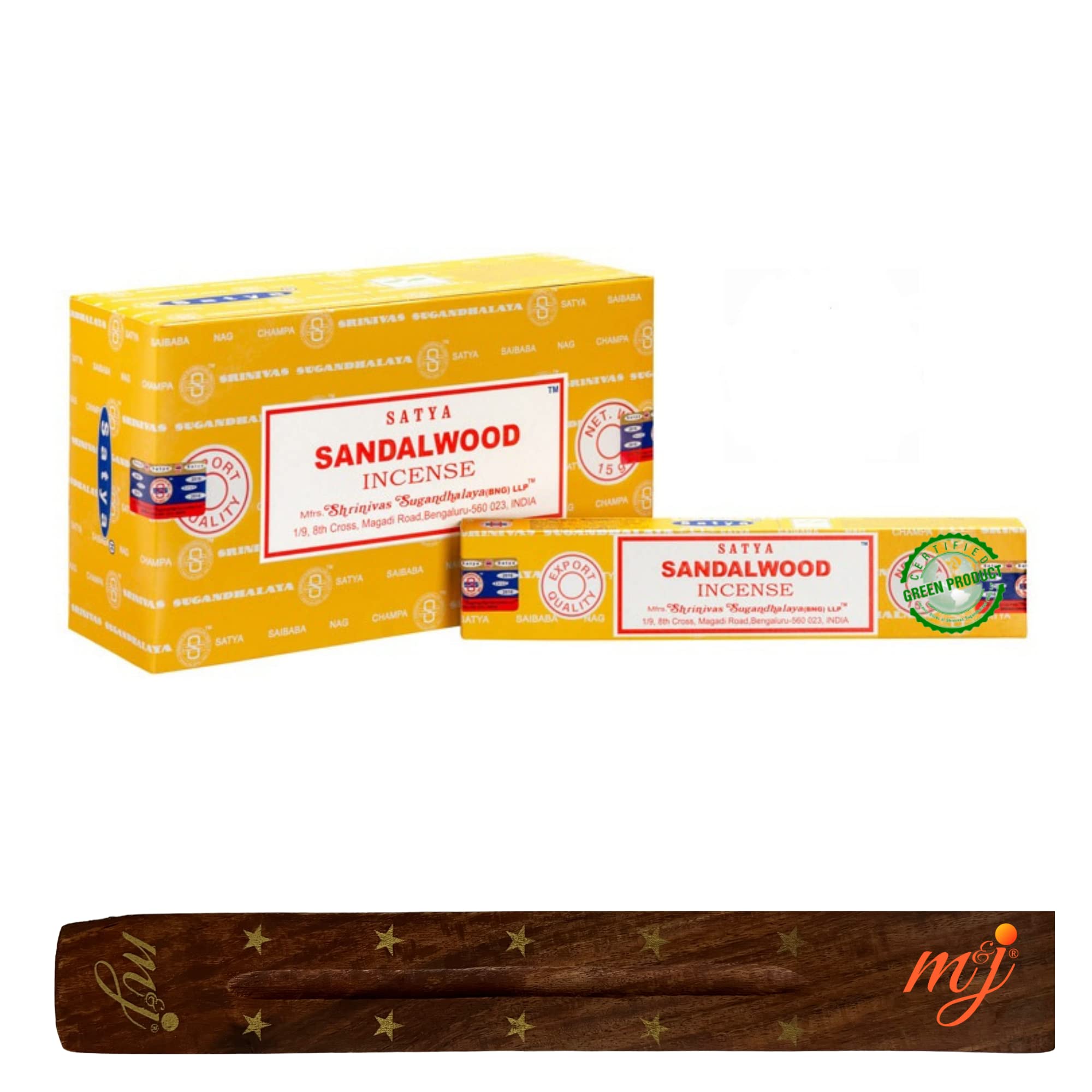 Original Satya Nag Champa Sandalwood Incense Sticks | with M&J incense sticks holder | Full Box | for Aromatherapy, Spa, Yoga, Weddings, Meditation, Healing, Positivity and Relaxation