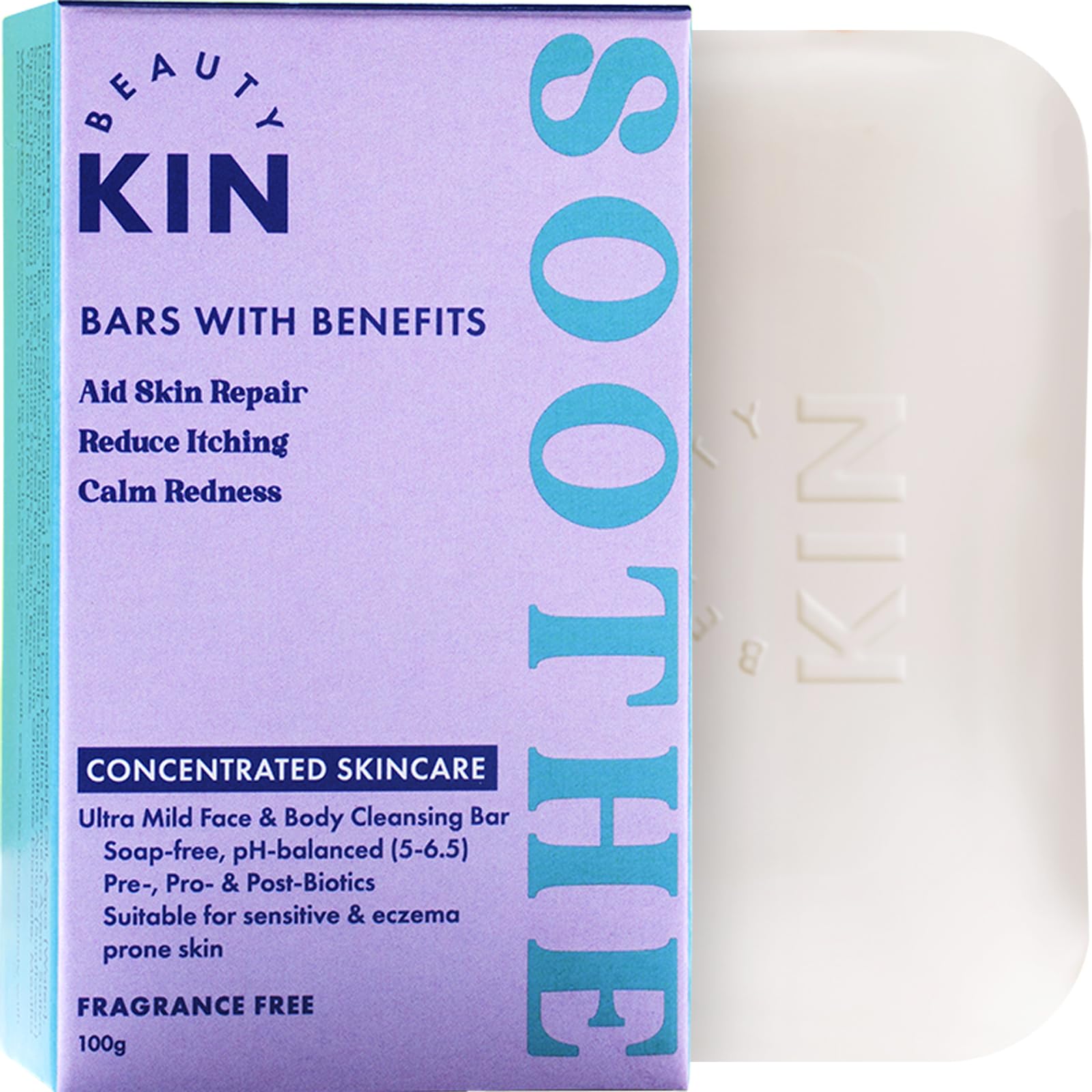 Beauty Kin Soothing Face & Body Wash Cleansing Bar for Sensitive or Itchy Skin w/Colloidal Oatmeal, Prebiotics & Probiotics to Soothe Eczema - Heal Irritated Skin - Fragrance Free - Vegan Soap Bar