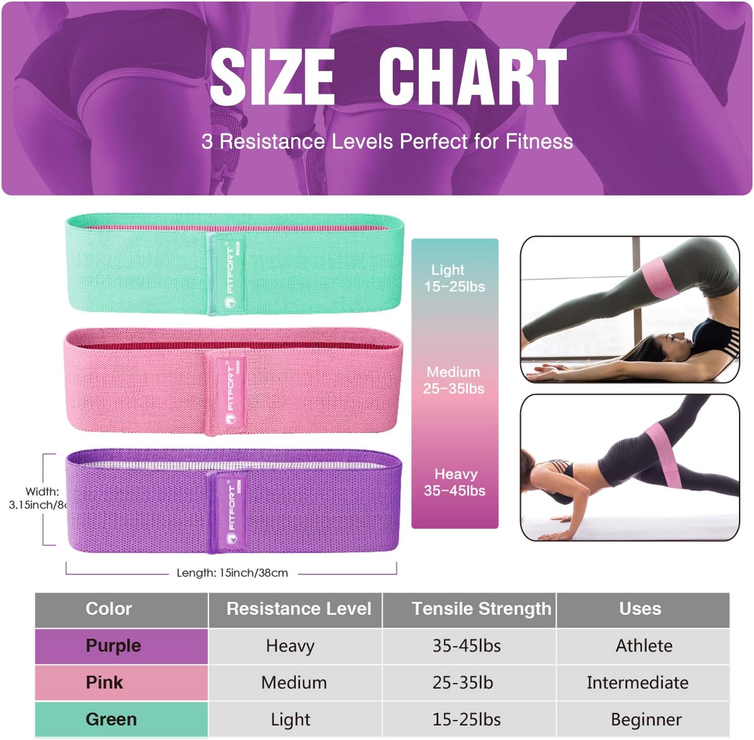 FITFORT Resistance Bands for Legs and Butt Exercise Bands - Non Slip Elastic Booty Bands, 3 Levels Workout Bands Women Sports Fitness Band for Squat Glute Hip Training : Sports & Outdoors